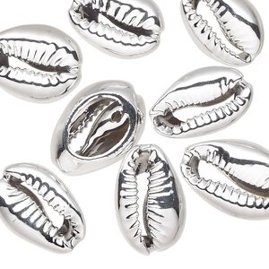 Component, electroplated cowrie shell, silver, 16x11mm-19x12mm hand-cut cowrie, Mohs hardness 3-1/2. Sold per pkg of 10.