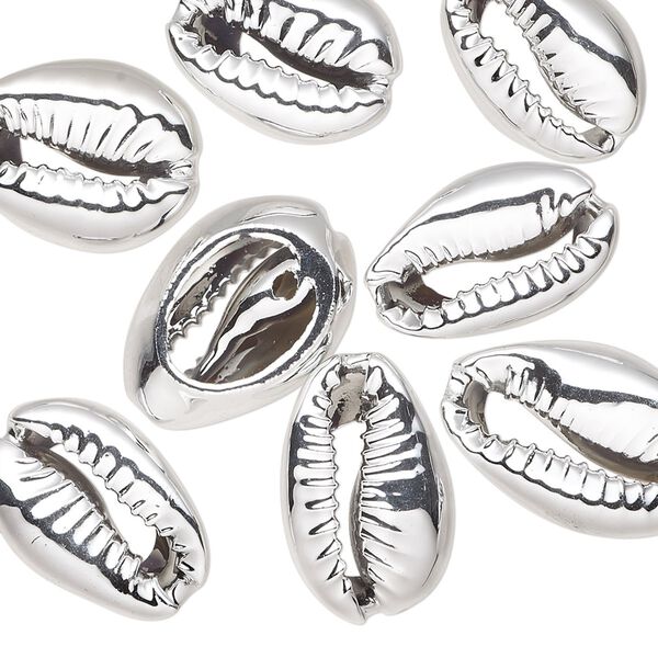 Component, electroplated cowrie shell, silver, 16x11mm-19x12mm hand-cut cowrie, Mohs hardness 3-1/2. Sold per pkg of 10. image number 0