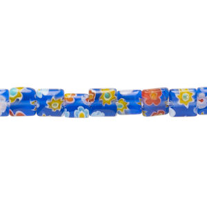 Bead, millefiori glass, translucent blue and multicolored, 5mm-7x6mm puffed square with sunburst and flower design. Sold per 14-inch strand.