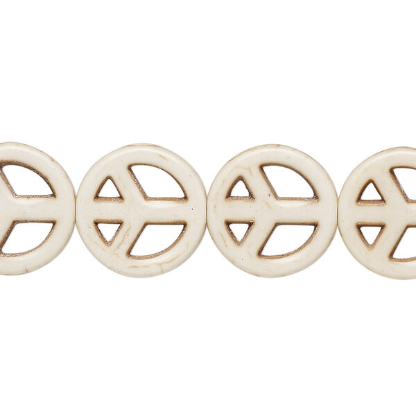Bead, "howlite" (resin) (imitation), tan, 15mm peace sign. Sold per 15-inch strand. image number 0