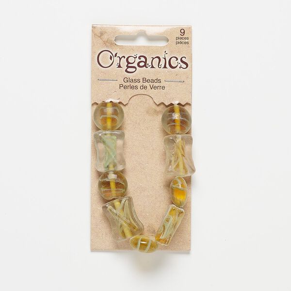 Bead, lampworked glass, clear / honey / light green, 14-15mm puffed flat round and 19x14mm-20x15mm flat hourglass with swirls. Sold per pkg of 9. image number 0