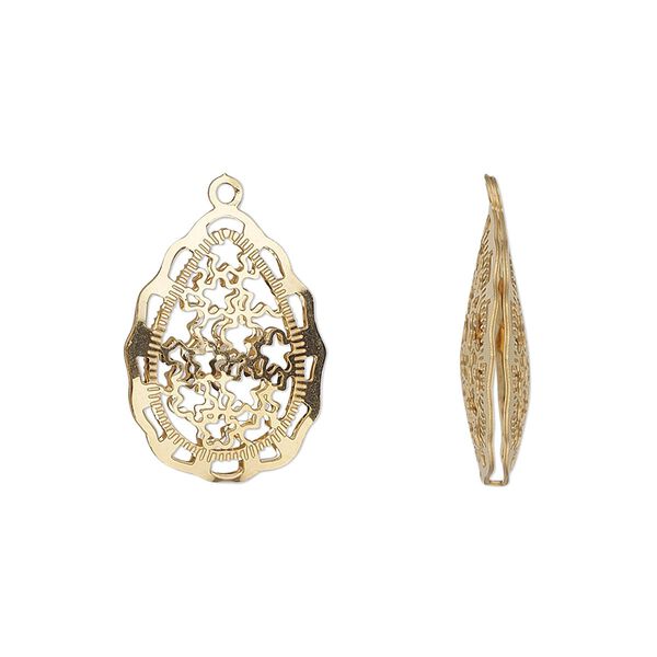 Drop, gold-finished stainless steel, 18x13.5mm double-sided domed teardrop with textured cut-out stars design. Sold per pkg of 6. image number 0
