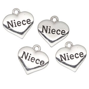 Charm, antique silver-finished "pewter" (zinc-based alloy) enamel, black, 16x13mm heart with "Niece". Sold per pkg of 4.