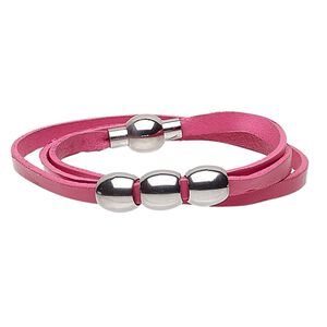 Bracelet, 3-strand wrap, leather (dyed) and stainless steel, pink, 10mm wide with 10mm barrel, 6 inches with magnetic clasp. Sold individually.