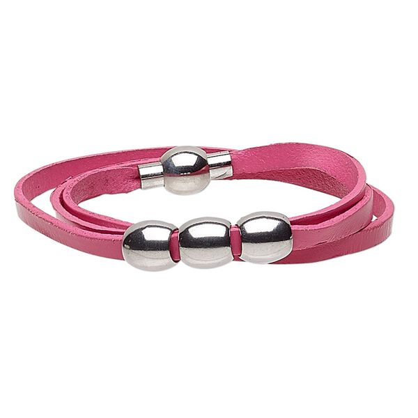 Bracelet, 3-strand wrap, leather (dyed) and stainless steel, pink, 10mm wide with 10mm barrel, 6 inches with magnetic clasp. Sold individually. image number 0