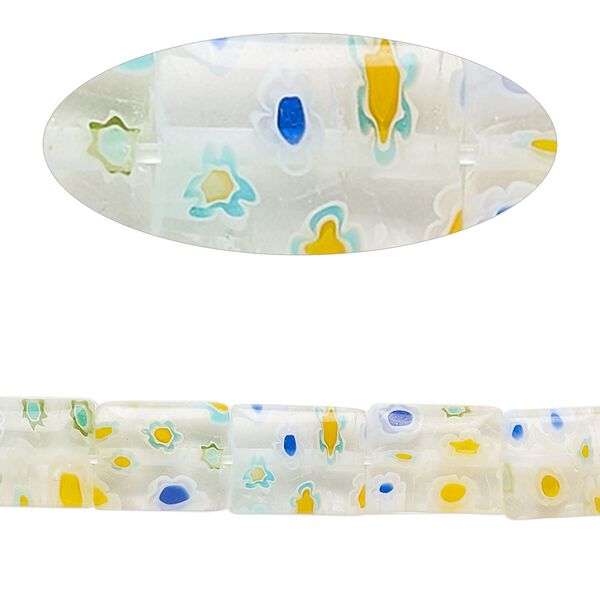 Bead, millefiori glass, clear and multicolored, 9x7mm-10x8mm puffed rectangle. Sold per 14-inch strand. image number 0