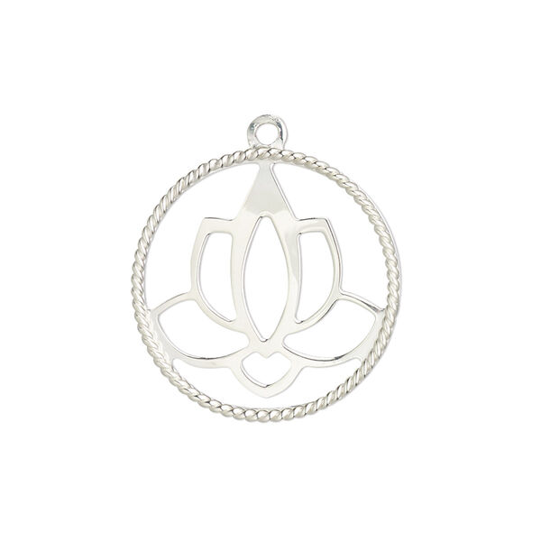 Charm, sterling silver, 22mm single-sided round with rope edge and cutout lotus design. Sold individually. image number 0