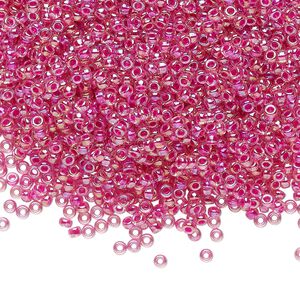 Seed bead, Miyuki, glass, pkg/250g, #11 rocaille, translucent hot pink-lined rainbow crystal clear, (RR-355).