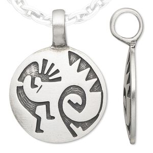 Pendant, Powerful Pewter Pendants, antiqued pewter (tin-based alloy), 39x28mm domed round with Kokopelli and 7mm hole. Sold individually.