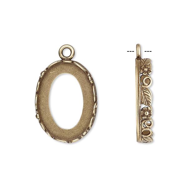 Drop, JBB Findings, antiqued brass, 20x15mm oval with open back and flower and leaf design trim, 18x13mm oval bezel setting. Sold per pkg of 2. image number 0