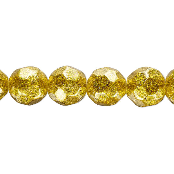 Bead, glass, translucent gold, 9-10mm faceted round with glitter. Sold per 8-inch strand, approximately 20 beads. image number 0