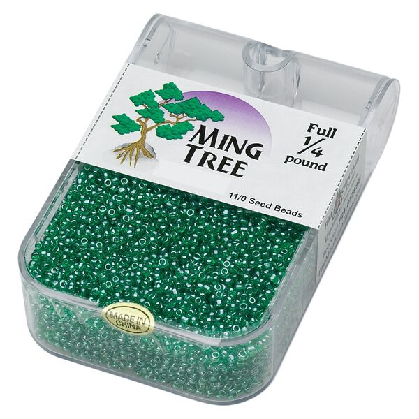 Seed bead, Ming Tree™, glass, pkg/1/4 pound, #11 round, translucent luster green. image number 0