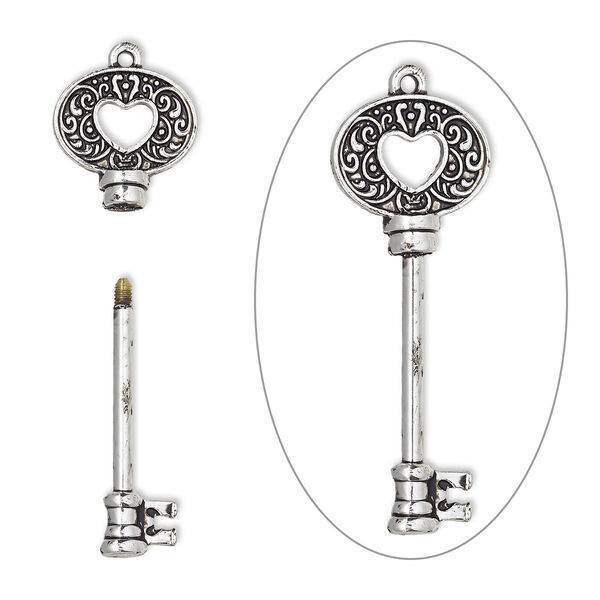 Focal, bead pin, antique silver-finished brass and "pewter" (zinc-based alloy), 52x19mm single-sided key with oval and swirls design with cutout heart and twist-off head, 25mm beadable length. Sold individually. image number 0