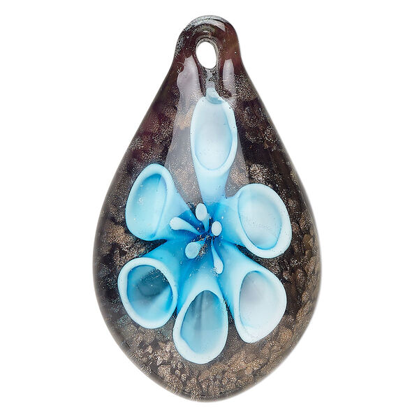 Focal, lampworked glass, opaque black / clear / blue, 46x33mm-54x35mm domed teardrop with copper-colored glitter. Sold individually. image number 0