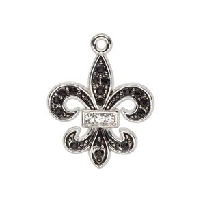 Charm, glass / enamel / silver-finished "pewter" (zinc-based alloy), clear and black, 25x23mm single-sided fleur-de-lis. Sold individually.