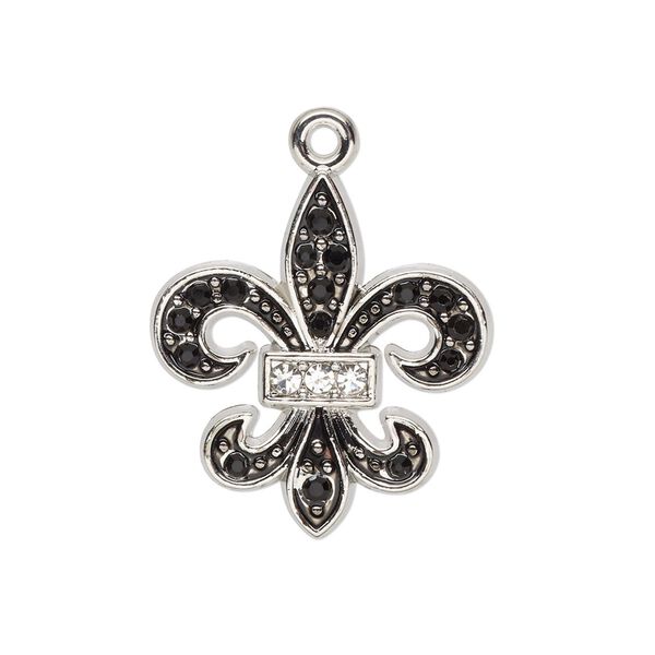 Charm, glass / enamel / silver-finished "pewter" (zinc-based alloy), clear and black, 25x23mm single-sided fleur-de-lis. Sold individually. image number 0