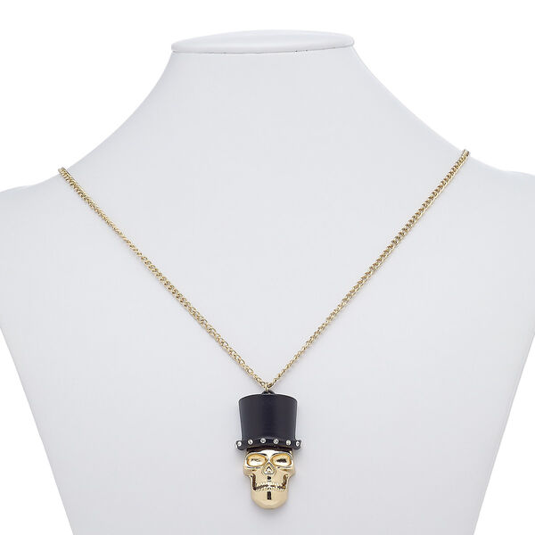 Necklace, glass rhinestone / painted "pewter" (zinc-based alloy) / gold-finished steel, clear and matte black, 46x27mm skull with top hat, 27 inches with lobster claw clasp. Sold individually. image number 0