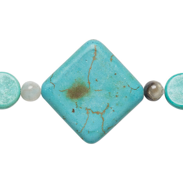Bead mix, "turquoise" (imitation) resin and multi-gemstone (natural), blue-green and blue, 6mm round / 12mm flat round / 32x32mm puffed diamond. Sold per pkg of 7. image number 0