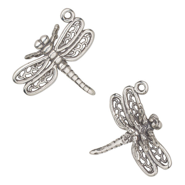 Charm, antiqued sterling silver, 22x19mm 3D dragonfly. Sold individually. image number 0