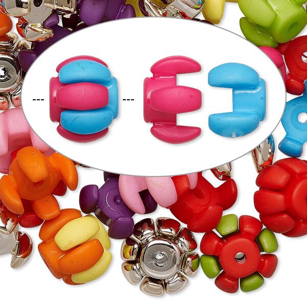 Bead mix, acrylic and rose gold-coated plastic, mixed colors, 15x10mm and 15x12mm interlocking round. Sold per pkg of 90. image number 0