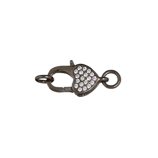 Clasp, lobster claw, cubic zirconia and black-finished brass, clear, 15x9mm double-sided with heart design and (2) 5mm jump rings. Sold individually. image number 0