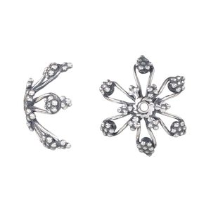 Bead cap, antiqued sterling silver, 18x9mm beaded flower, fits 12-18mm bead. Sold individually.
