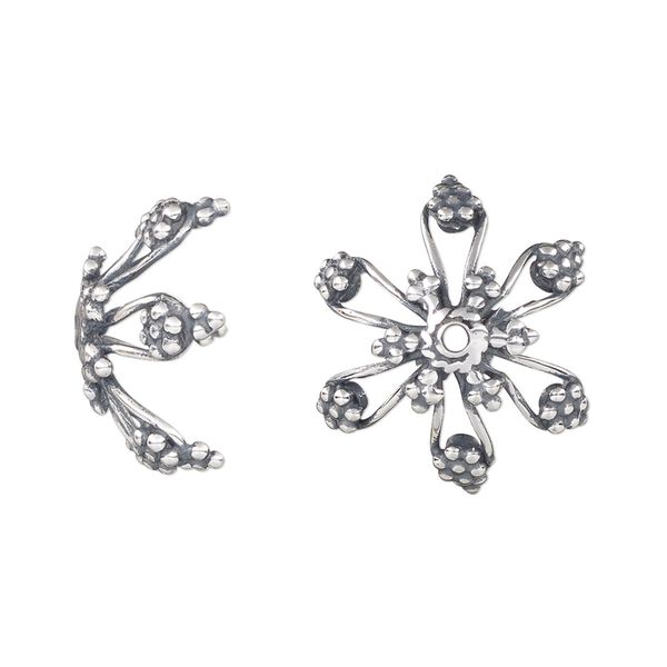 Bead cap, antiqued sterling silver, 18x9mm beaded flower, fits 12-18mm bead. Sold individually. image number 0