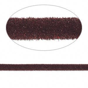 Cord, velveteen and rubber, brown, 3mm round with 1-1.5mm hole. Sold per pkg of 5 feet.