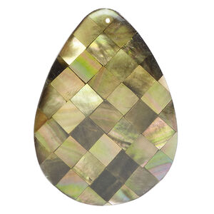 Focal, black lip shell and resin (assembled) 1pkg1, 48x34mm-50x35mm top-drilled 1sided teardrop with checkerboard pattern.