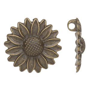 Charm, antique brass-finished pewter (tin-based alloy), 28.5mm sunflower. Sold per pkg of 2.