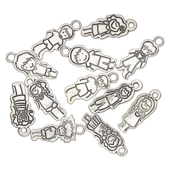 Charm, antique silver-plated "pewter" (zinc-based alloy), 26x13.5mm assorted double-sided boy and double-sided girl. Sold per pkg of 12. image number 0