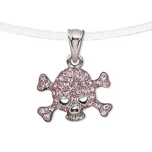 Pendant, Czech glass rhinestone and silver-plated pewter (tin-based alloy), pink, 22x16mm skull with crossbones. Sold individually.