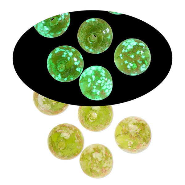 Bead, lampworked glass, clear / peridot green / glow-in-the-dark / gold, 12mm round. Sold per pkg of 6. image number 0