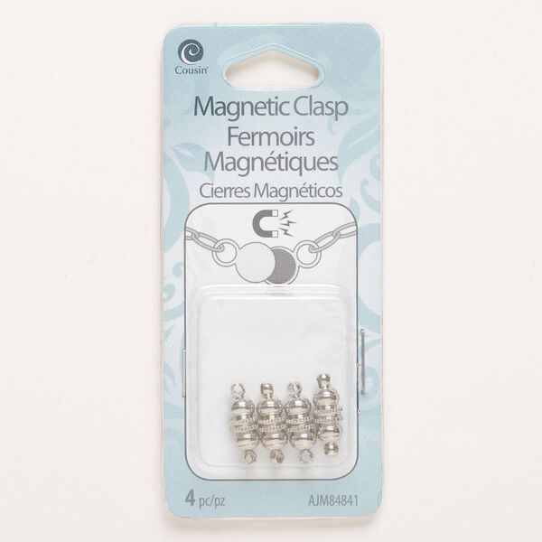 Clasp, magnetic, brass, pkg/4, silver finish, 11x6mm double cone barrel. image number 0