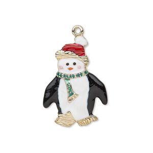 Charm, enamel and gold-finished "pewter" (zinc-based alloy), multicolored, 26x19mm single-sided penguin with Christmas hat and scarf. Sold individually.