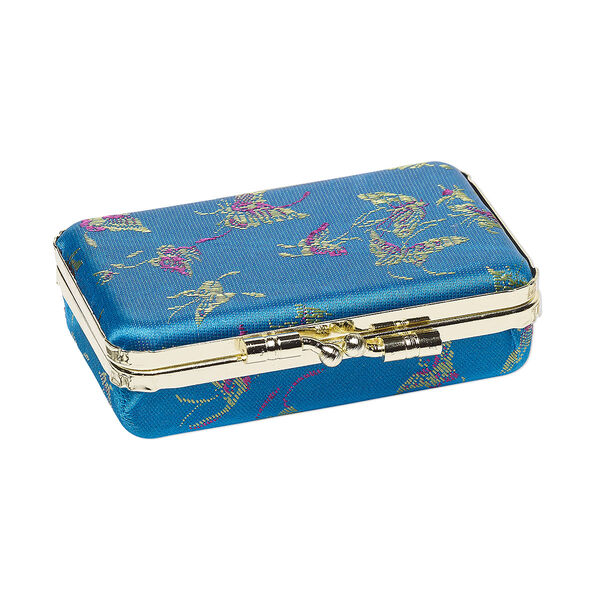 Jewelry box, satin brocade / glass / steel / velveteen, teal, 3-1/2 x 1 x 2-1/4 inch rectangle with butterfly pattern and mirror. Sold individually. image number 0