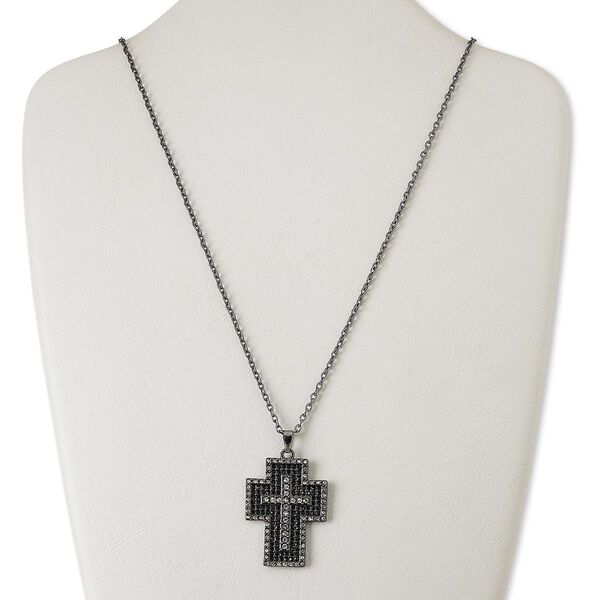 Necklace, glass rhinestone with gunmetal-finished "pewter" (zinc-based alloy) and steel, clear and black, 42x32mm cross, 24 inches with 3-inch extender chain and lobster claw clasp. Sold individually. image number 0