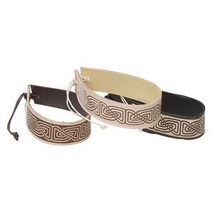 Bracelet, leather, brown / tan / black, 19.5mm wide with Celtic design, adjustable from 7-9 inches with macramé knot closure. Sold per pkg of 3.