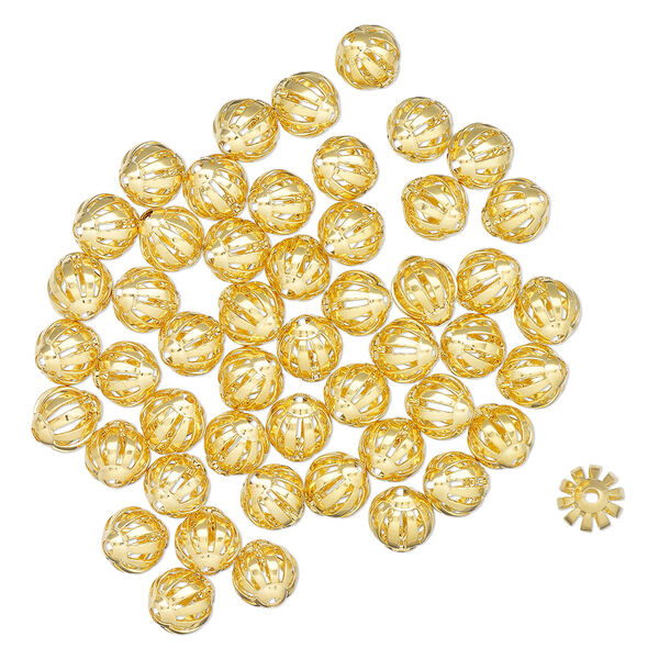 Bead, gold-finished brass, 10mm corrugated oval with cutouts. Sold per pkg of 50. image number 0