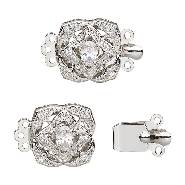 Clasp, 3-strand tab, cubic zirconia / rhodium-plated sterling silver / silver-plated brass, clear, 15x15mm square. Sold individually. image number 0