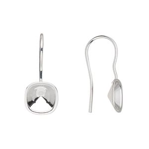 Ear wire fishhook 1pkg4 Almost Instant Jewelry® silver-plated, 23mm / 8mm cushion glue-in setting, 20 gauge brass 2 pair