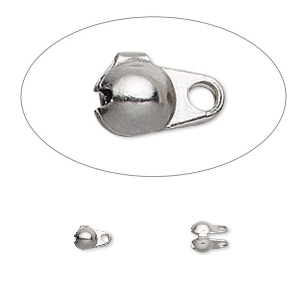 Bead tip, stainless steel, pkg/20, 4x2.5mm side clamp-on with double closed loop, fits 1.2-1.5mm ball chain image number 0