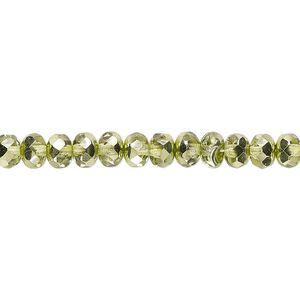 Bead, Czech fire-polished glass, metallic green, 5x4mm faceted rondelle. Sold per 15-1/2" to 16" strand.