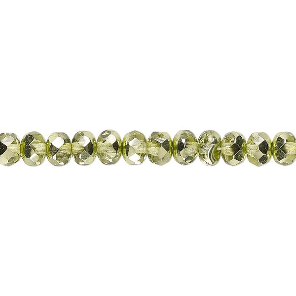 Bead, Czech fire-polished glass, metallic green, 5x4mm faceted rondelle. Sold per 15-1/2" to 16" strand. image number 0