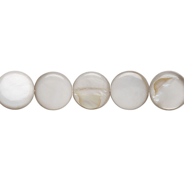 Mother-of-pearl shell 1pkg1, puffed flat round bead 15 inch soft silver 9-10mm image number 0