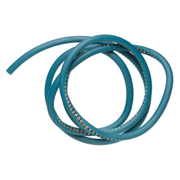 Cord, antique silver-finished brass / silicone / glass, teal and clear, 6mm round with embedded cupchain. Sold per pkge of 36 inches. image number 0