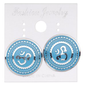 Earstud, stainless steel, blue patina, 20mm round with Om design. Sold per pair.