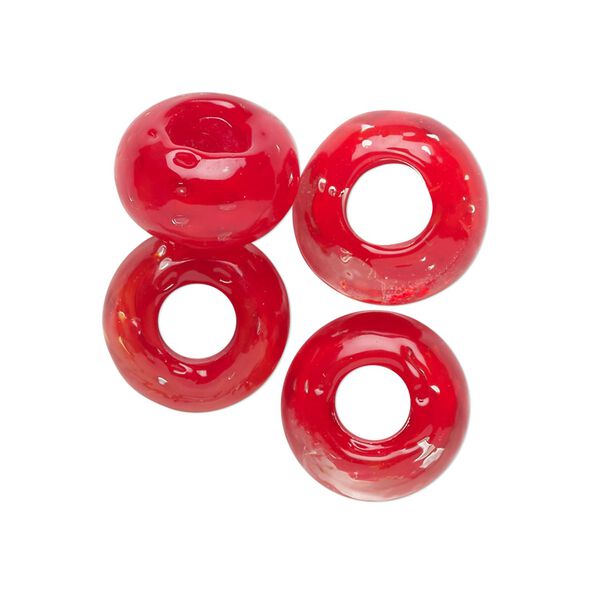 Bead, lampworked glass, translucent red, 14x8mm rondelle. Sold per pkg of 4. image number 0