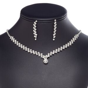 Necklace and earring set, glass rhinestone / plastic / imitation rhodium-plated brass / steel, clear, cupchain, 15" to 16" necklace with 3-inch extender chain and lobster claw clasp, 39mm earrings with post. Sold per set.