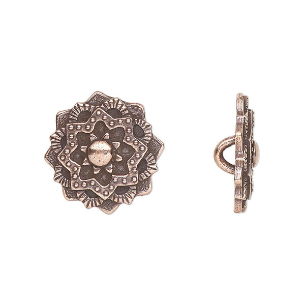 Button, TierraCast®, antique copper-plated pewter (tin-based alloy), 17.5mm mandala with hidden closed loop. Sold per pkg of 20. image number 0